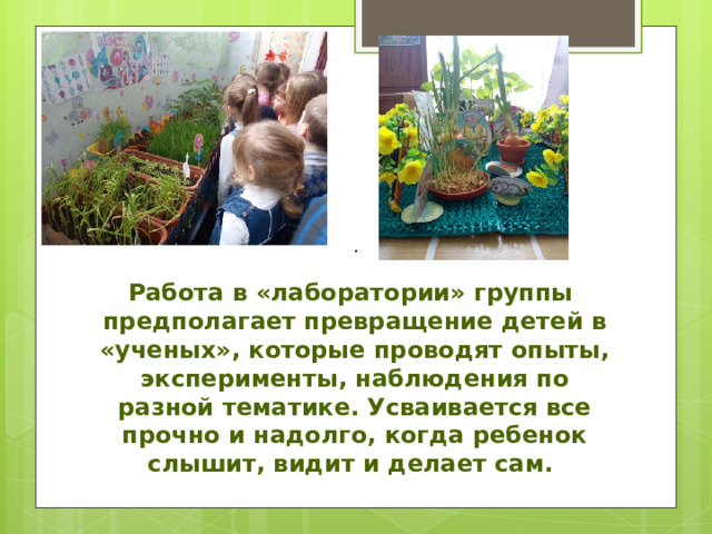 Работа в «лаборатории» группы предполагает превращение детей в «ученых», которые проводят опыты, эксперименты, наблюдения по разной тематике. Усваивается все прочно и надолго, когда ребенок слышит, видит и делает сам. . 