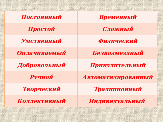 Постоянный Временный Простой Сложный Умственный Физический Оплачиваемый Безвозмездный Добровольный Принудительный Ручной Автоматизированный Творческий Традиционный Коллективный Индивидуальный 