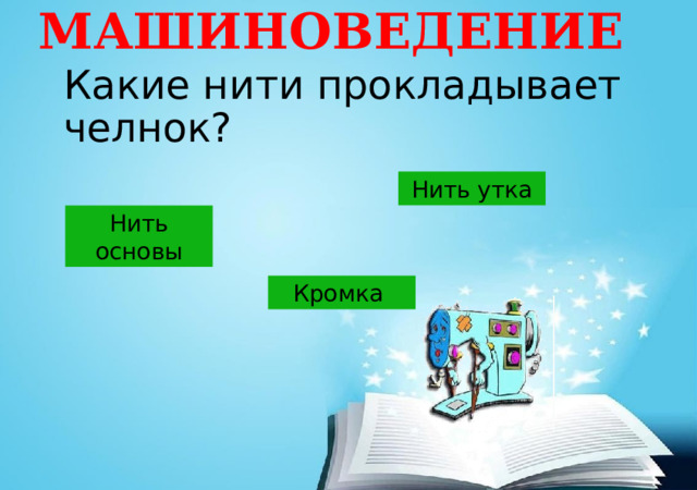 МАШИНОВЕДЕНИЕ Какие нити прокладывает челнок? Нить утка Нить основы Кромка 