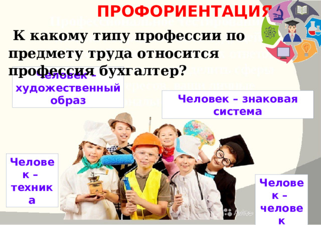 ПРОФОРИЕНТАЦИЯ  К какому типу профессии по предмету труда относится профессия бухгалтер? Человек – художественный образ Человек – знаковая система Человек – техника Человек – человек 