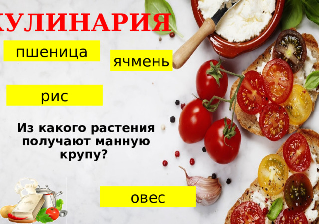 КУЛИНАРИЯ пшеница ячмень рис Из какого растения получают манную крупу? овес 