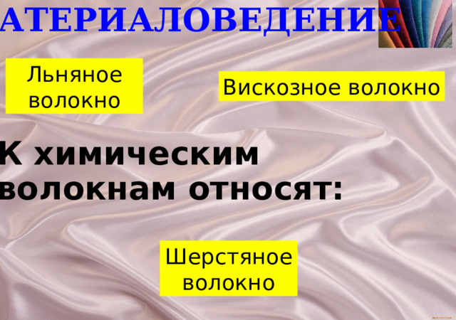 МАТЕРИАЛОВЕДЕНИЕ Льняное волокно Вискозное волокно К химическим волокнам относят: Шерстяное волокно 