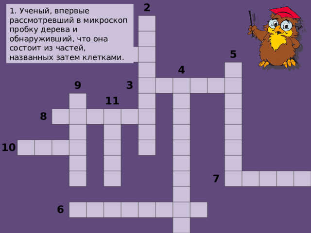                                                                             2   1             9     8   10                                       3 11                                     4                                     5               6                                                                                                                       7                                                             1. Ученый, впервые рассмотревший в микроскоп пробку дерева и обнаруживший, что она состоит из частей, названных затем клетками.   