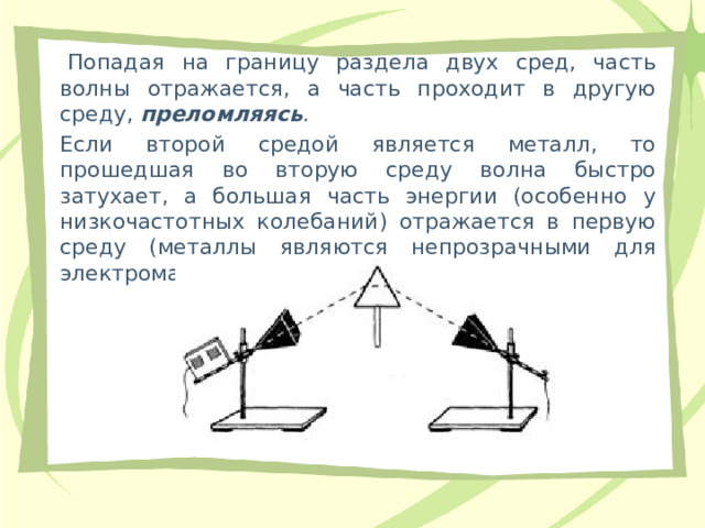  Попадая на границу раздела двух сред, часть волны отражается, а часть проходит в другую среду, преломляясь .   Если второй средой является металл, то прошедшая во вторую среду волна быстро затухает, а большая часть энергии (особенно у низкочастотных колебаний) отражается в первую среду (металлы являются непрозрачными для электромагнитных волн). 