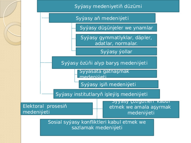 Syýasy medeniyetiň düzümi Syýasy aň medeniýeti Syýasy düşünjeler we ynamlar Syýasy gymmatlyklar, däpler, adatlar, normalar. Syýasy ýollar Syýasy özüňi alyp baryş medeniýeti Syýasata gatnaşmak medeniýeti Syýasy işiň medeniýeti Syýasy institutlaryň işleýiş medeniýeti Syýasy çözgütleri kabul etmek we amala aşyrmak medeniýeti Elektoral prosesiň medeniýeti Sosial syýasy konfliktleri kabul etmek we sazlamak medeniýeti 