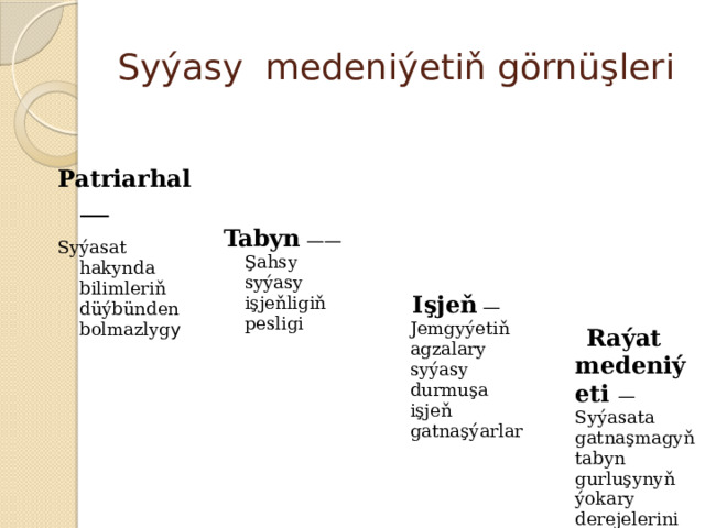 Syýasy medeniýetiň görnüşleri Patriarhal   — Syýasat hakynda bilimleriň düýbünden bolmazlyg y Tabyn  ——Şahsy syýasy işjeňligiň pesligi    Işjeň — Jemgyýetiň agzalary syýasy durmuşa işjeň gatnaşýarlar   Raýat medeniýeti —Syýasata gatnaşmagyň tabyn gurluşynyň ýokary derejelerini sintezleýär 