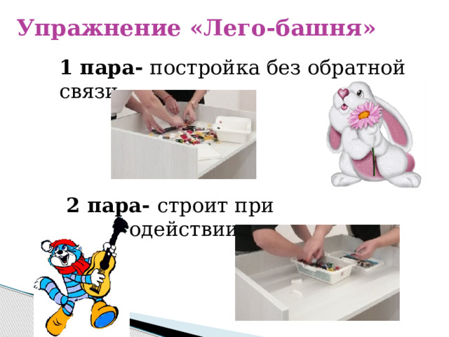 Упражнение «Лего-башня» 1 пара- постройка без обратной связи 2 пара- строит при взаимодействии 