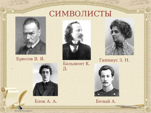  СИМВОЛИСТЫ . Брюсов В. Я. Гиппиус З. Н. Бальмонт К. Д. Блок А. А. Белый А. 