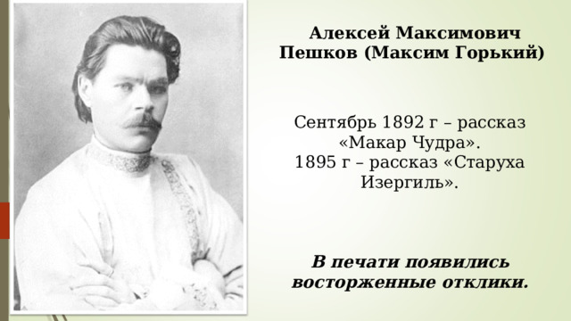 Алексей Максимович Пешков (Максим Горький) Сентябрь 1892 г – рассказ «Макар Чудра». 1895 г – рассказ «Старуха Изергиль». В печати появились восторженные отклики. 