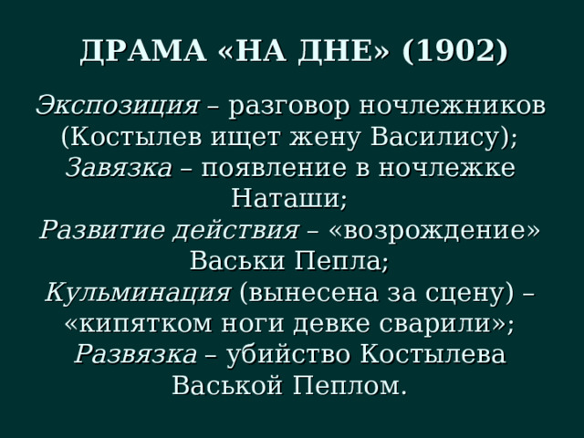 ДРАМА «НА ДНЕ» (1902) Экспозиция – разговор ночлежников (Костылев ищет жену Василису); Завязка – появление в ночлежке Наташи; Развитие действия – «возрождение» Васьки Пепла; Кульминация (вынесена за сцену) – «кипятком ноги девке сварили»; Развязка – убийство Костылева Васькой Пеплом. 