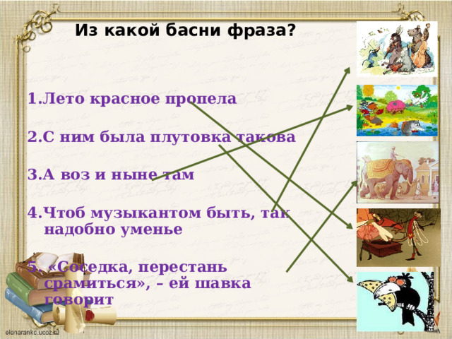  Из какой басни фраза? 1.Лето красное пропела  2.С ним была плутовка такова  3.А воз и ныне там  4.Чтоб музыкантом быть, так надобно уменье  5. «Соседка, перестань срамиться», – ей шавка говорит 