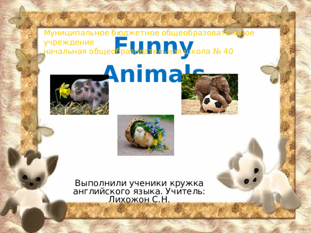 Муниципальное бюджетное общеобразовательное учреждение начальная общеобразовательная школа № 40 Funny Animals Выполнили ученики кружка английского языка. Учитель: Лихожон С.Н. 