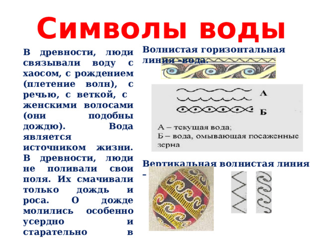 Символы воды Волнистая горизонтальная линия –вода. В древности, люди связывали воду с хаосом, с рождением (плетение волн), с речью, с веткой, с женскими волосами (они подобны дождю). Вода является источником жизни.  В древности, люди не поливали свои поля. Их смачивали только дождь и роса. О дожде молились особенно усердно и старательно в четверг. Этот день недели был посвящен на Руси богу грома и молнии Перуну. Вертикальная волнистая линия – дождь 