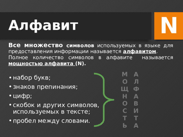 N Алфавит Все множество символов используемых в языке для предоставления информации называется алфавитом . Полное количество символов в алфавите называется мощностью алфавита (N). М  О  Щ  Н  О  С  Т  Ь А Л Ф А В И Т А набор букв; знаков препинания; цифр; скобок и других символов, используемых в тексте; пробел между словами. 5 
