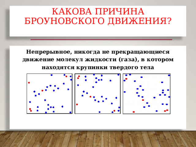 КАКОВА ПРИЧИНА БРОУНОВСКОГО ДВИЖЕНИЯ? Непрерывное, никогда не прекращающиеся движение молекул жидкости (газа), в котором находятся крупинки твердого тела 