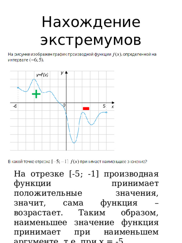 Нахождение экстремумов + - На отрезке [-5; -1] производная функции принимает положительные значения, значит, сама функция – возрастает. Таким образом, наименьшее значение функция принимает при наименьшем аргументе, т.е. при х = -5. Ответ: -5. 