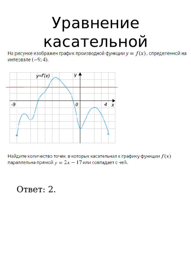 Уравнение касательной Ответ: 2. 