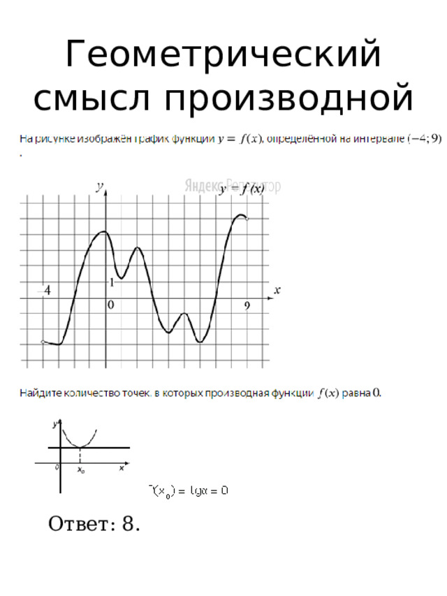 Геометрический смысл производной Ответ: 8. 