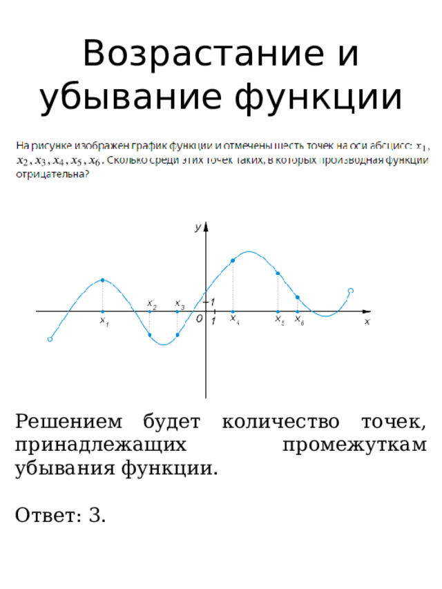 Возрастание и убывание функции Решением будет количество точек, принадлежащих промежуткам убывания функции. Ответ: 3. 