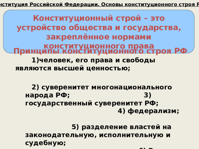 Конституция Российской Федерации. Основы конституционного строя РФ Конституционный строй – это устройство общества и государства, закреплённое нормами конституционного права Принципы конституционного строя РФ  1)человек, его права и свободы являются высшей ценностью;  2) суверенитет многонационального народа РФ; 3) государственный суверенитет РФ; 4) федерализм; 5) разделение властей на законодательную, исполнительную и судебную; 6) Россия – социальное государство; 7) установление рыночной экономики; 8) идеологическое и политическое многообразие; 9) Россия – светское государство. 