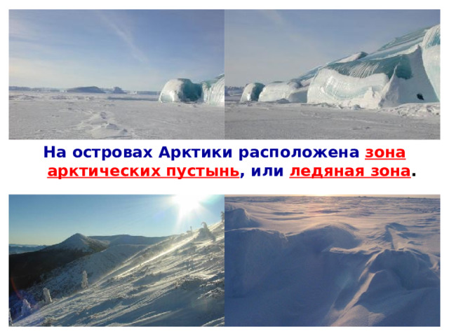 На островах Арктики расположена зона арктических пустынь , или ледяная зона . 