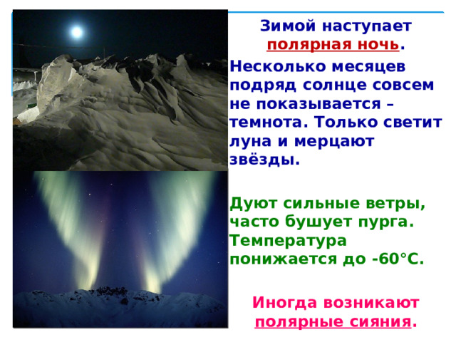  Зимой наступает полярная ночь .  Несколько месяцев подряд солнце совсем не показывается – темнота. Только светит луна и мерцают звёзды.  Дуют сильные ветры, часто бушует пурга. Температура понижается до -60°С.   Иногда возникают полярные сияния . 