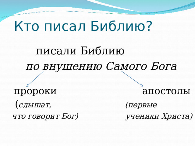 Кто писал Библию?  писали Библию  по внушению Самого Бога   пророки апостолы  ( слышат, (первые что говорит Бог) ученики Христа)   