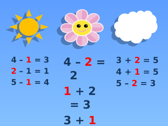 3 + 2 = 5 4 – 2 = 2 4 – 1 = 3 1 + 2 = 3 4 + 1 = 5 2 – 1 = 1 3 + 1 = 4 5 – 2 = 3 5 – 1 = 4 