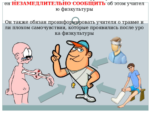 В случае плохого самочувствия на уроке учащийся должен НЕЗАМЕДЛИТЕЛЬНО СООБЩИТЬ об этом учителю физкультуры    Он также обязан проинформировать учителя о травме или плохом самочувствии, которые проявились после урока физкультуры 