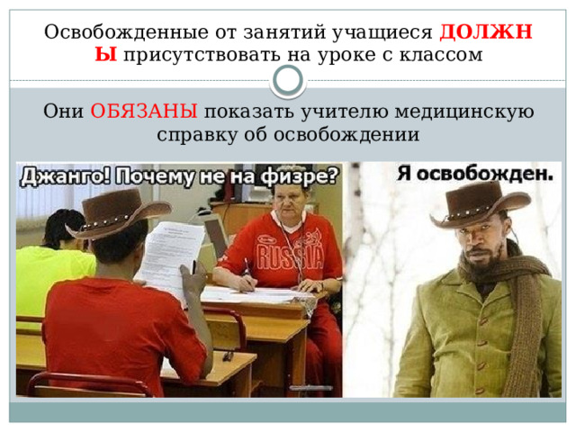 Освобожденные от занятий учащиеся ДОЛЖНЫ присутствовать на уроке с классом    Они ОБЯЗАНЫ показать учителю медицинскую справку об освобождении 