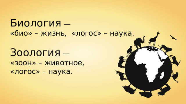 Биология — «био» – жизнь, «логос» – наука. Зоология — «зоон» – животное, «логос» – наука. 