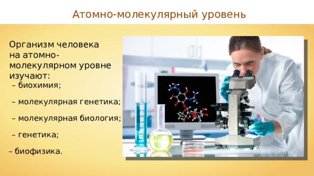 Атомно-молекулярный уровень Организм человека на атомно-молекулярном уровне изучают: – биохимия; – молекулярная генетика; – молекулярная биология; – генетика; – биофизика. 