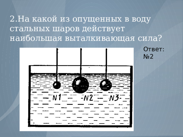 2.На какой из опущенных в воду стальных шаров действует наибольшая выталкивающая сила? Ответ: №2 