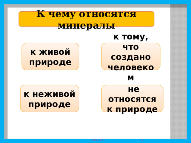  К чему относятся минералы к живой природе к тому, что создано человеком к неживой природе   не относятся к природе  10/17/2021 