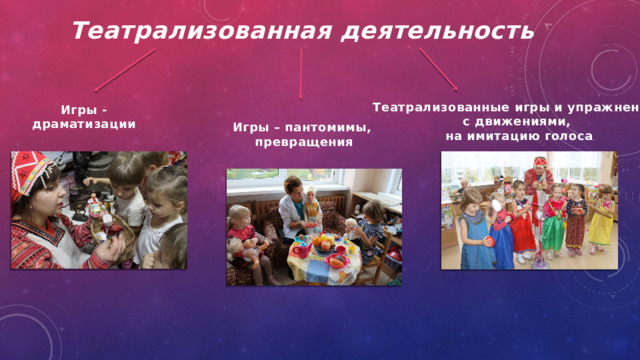 Театрализованная деятельность   Театрализованные игры и упражнения с движениями,  на имитацию голоса Игры - драматизации Игры – пантомимы,  превращения 