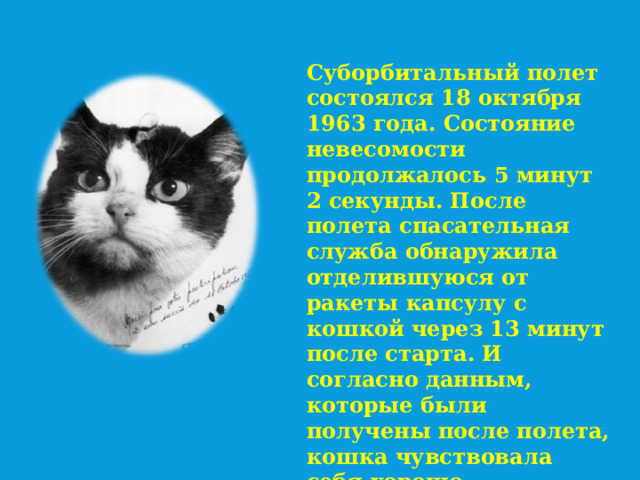Суборбитальный полет состоялся 18 октября 1963 года. Состояние невесомости продолжалось 5 минут 2 секунды. После полета спасательная служба обнаружила отделившуюся от ракеты капсулу с кошкой через 13 минут после старта. И согласно данным, которые были получены после полета, кошка чувствовала себя хорошо.   