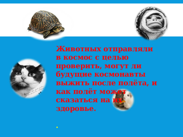 Животных отправляли в космос с целью проверить, могут ли будущие космонавты выжить после полёта, и как полёт может сказаться на их здоровье.  . 
