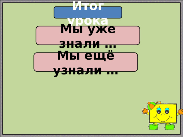 Итог урока Мы уже знали … Мы ещё узнали … 