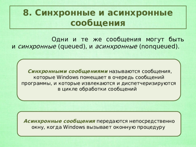 8. Синхронные и асинхронные сообщения  Одни и те же сообщения могут быть и  синхронные  (queued), и  асинхронные  (nonqueued).    Синхронными сообщениями  называются сообщения, которые Windows помещает в очередь сообщений программы, и которые извлекаются и диспетчеризируются в цикле обработки сообщений .  Асинхронные сообщения  передаются непосредственно окну, когда Windows вызывает оконную процедуру . 