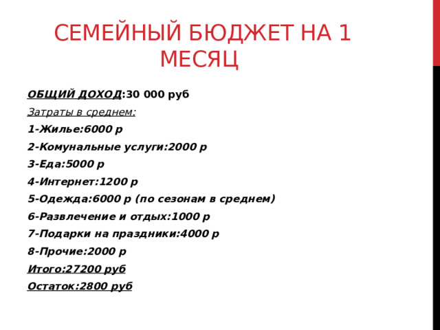 Семейный бюджет на 1 месяц ОБЩИЙ ДОХОД :30 000 руб Затраты в среднем: 1-Жилье:6000 р 2-Комунальные услуги:2000 р 3-Еда:5000 р 4-Интернет:1200 р 5-Одежда:6000 р (по сезонам в среднем) 6-Развлечение и отдых:1000 р 7-Подарки на праздники:4000 р 8-Прочие:2000 р Итого:27200 руб Остаток:2800 руб 