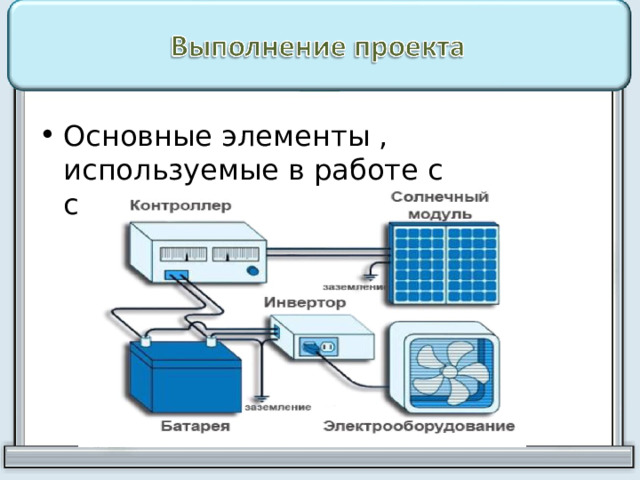 Основные элементы , используемые в работе с солнечными батареями. 