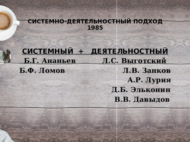  СИСТЕМНО-ДЕЯТЕЛЬНОСТНЫЙ ПОДХОД  1985   СИСТЕМНЫЙ + ДЕЯТЕЛЬНОСТНЫЙ Б.Г. Ананьев Л.С. Выготский Б.Ф. Ломов Л.В. Занков  А.Р. Лурия  Д.Б. Эльконин  В.В. Давыдов 