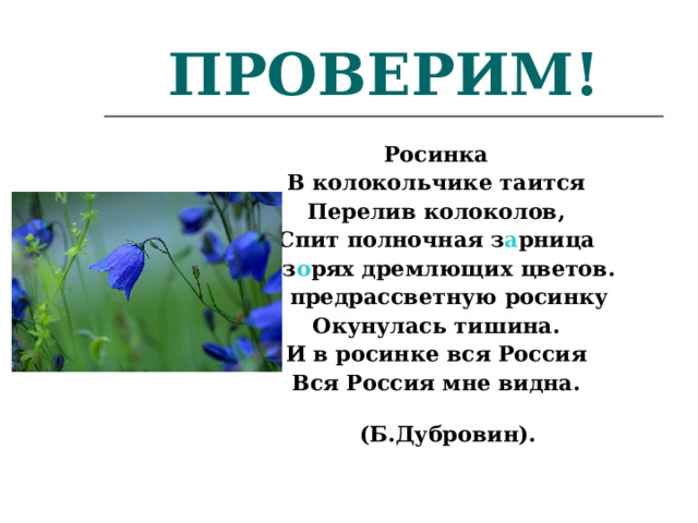 ПРОВЕРИМ! Росинка В колокольчике таится Перелив колоколов, Спит полночная з а рница В з о рях дремлющих цветов. В предрассветную росинку Окунулась тишина. И в росинке вся Россия Вся Россия мне видна.  (Б.Дубровин).   