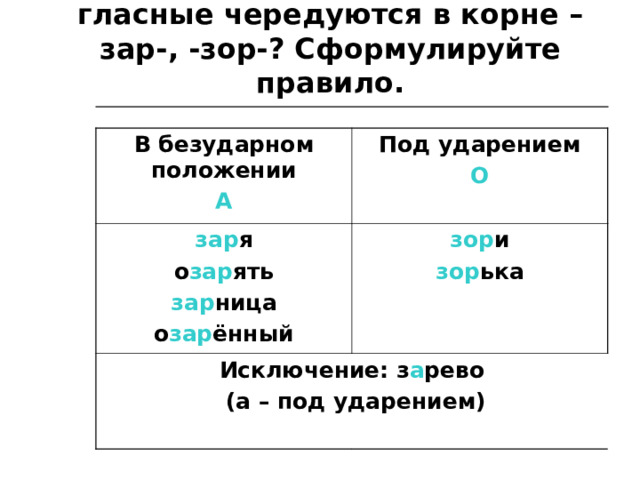 Рассмотрите таблицу. Какие гласные чередуются в корне –зар-, -зор-? Сформулируйте правило. В безударном положении А Под ударением О зар я о зар ять зар ница о зар ённый зор и зор ька Исключение: з а рево  (а – под ударением) 