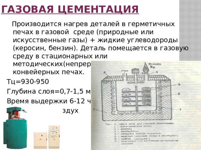 Газовая цементация  Производится нагрев деталей в герметичных печах в газовой среде (природные или искусственные газы) + жидкие углеводороды (керосин, бензин). Деталь помещается в газовую среду в стационарных или методических(непрерывно действующих) конвейерных печах. Тц=930-950 Глубина слоя=0,7-1,5 мм Время выдержки 6-12 часа Охлаждение-воздух 