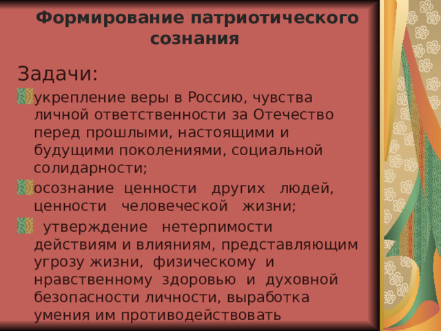 Формирование патриотического сознания    Задачи: укрепление веры в Россию, чувства личной ответственности за Отечество перед прошлыми, настоящими и будущими поколениями, социальной солидарности; осознание ценности других людей, ценности человеческой жизни;  утверждение нетерпимости действиям и влияниям, представляющим угрозу жизни, физическому и нравственному здоровью и духовной безопасности личности, выработка умения им противодействовать 