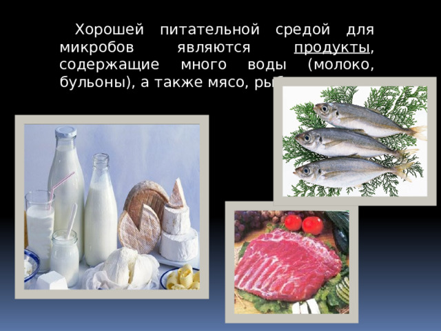  Хорошей питательной средой для микробов являются продукты , содержащие много воды (молоко, бульоны), а также мясо, рыба и т. д.  
