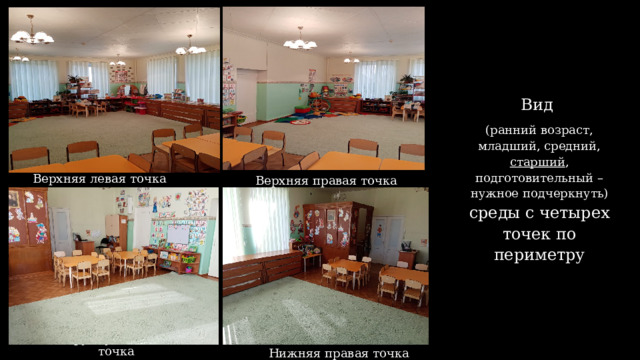 Вид (ранний возраст, младший, средний, старший , подготовительный – нужное подчеркнуть) среды с четырех точек по периметру Верхняя левая точка Верхняя правая точка Вход в группу, нижняя левая точка Нижняя правая точка  
