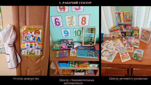  1. РАБОЧИЙ СЕКТОР  Центр речевого развития  Уголок дежурства  Центр «Занимательная математика»  