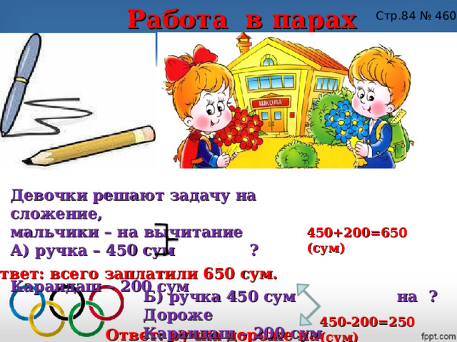       Работа в парах Стр.84 № 460       Девочки решают задачу на сложение, мальчики – на вычитание А) ручка – 450 сум ? Карандаш – 200 сум 450+200=650 (сум) Ответ: всего заплатили 650 сум. Б) ручка 450 сум на ? Дороже Карандаш – 200 сум 450-200=250 (сум) Ответ: ручка дороже на 250 сум 